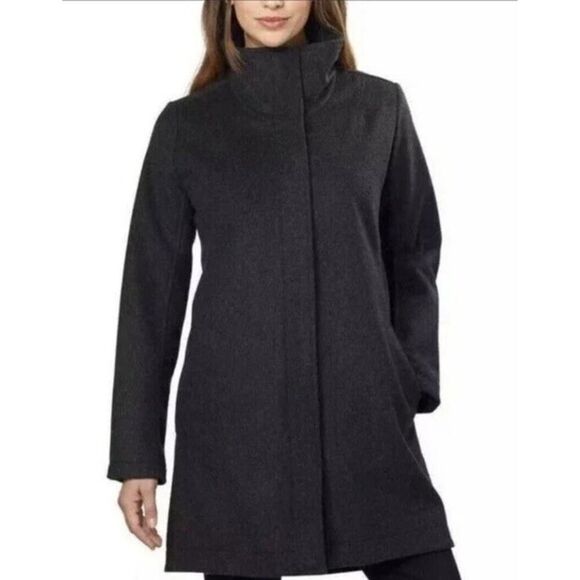 NWOT Pendleton Cascade Wool Coat Charcoal Funnel Neck Stripe Lining Women’s sz L - Picture 2 of 16